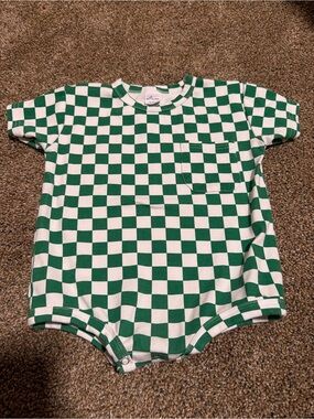 LITTLE ONE SHOP Green & White Check Short Sleeve Bubble Romper